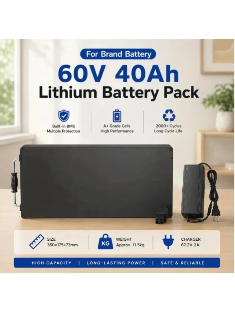 60V 20Ah 30Ah 40Ah Wiederaufladbare Lithium-Batterie mit integriertem BMS für Fat-Tire-Elektroroller 500W-2000W, 67,2V 2A Ladegerät inklusive, EU-Lagerbestand, schneller Versand, langlebiger