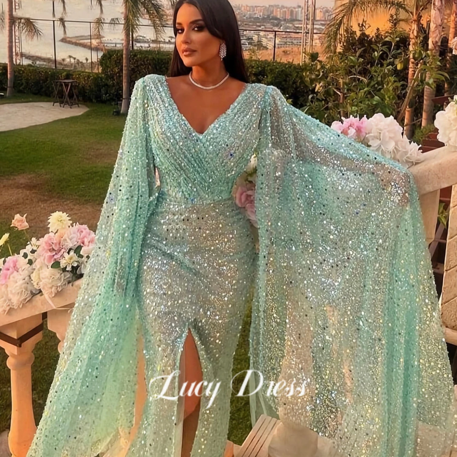 

Mint Green Elegant Evening Dresses for Women 2023 Mermaid Quinceanera Shawl Luxury Dress Shiny Arabic Lucy Prom Gala Formal New