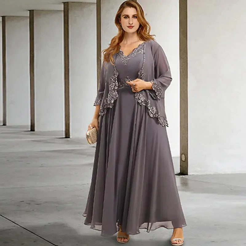 

Charming Grey Mother of the Bride Dresses Chiffon Wedding Party Gowns Zipper Back Beach Full Sleeve Summer Vestido De 2025 New