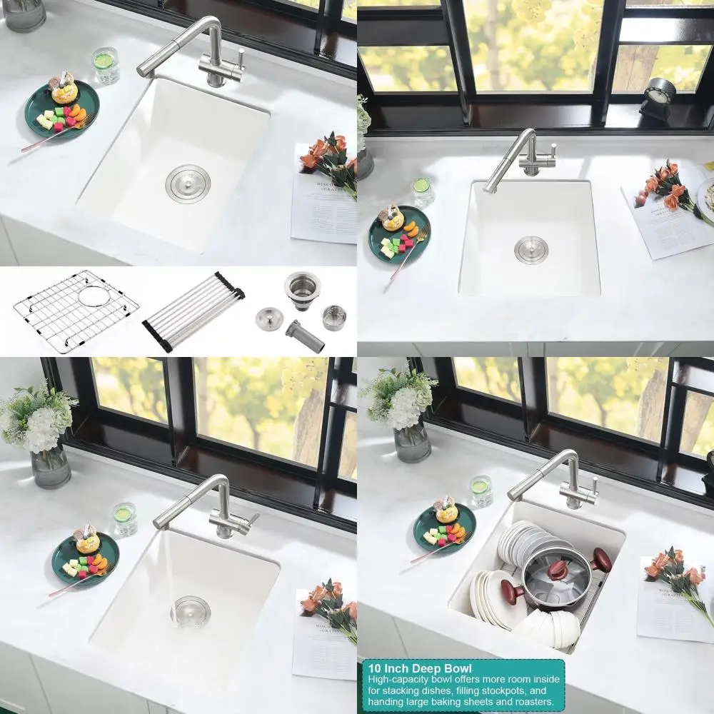 

White Quartz Composite 12 Inch Undermount Bar Sink - Small Single Bowl, 12x15, Mini Prep Sink for Kitchen Counters