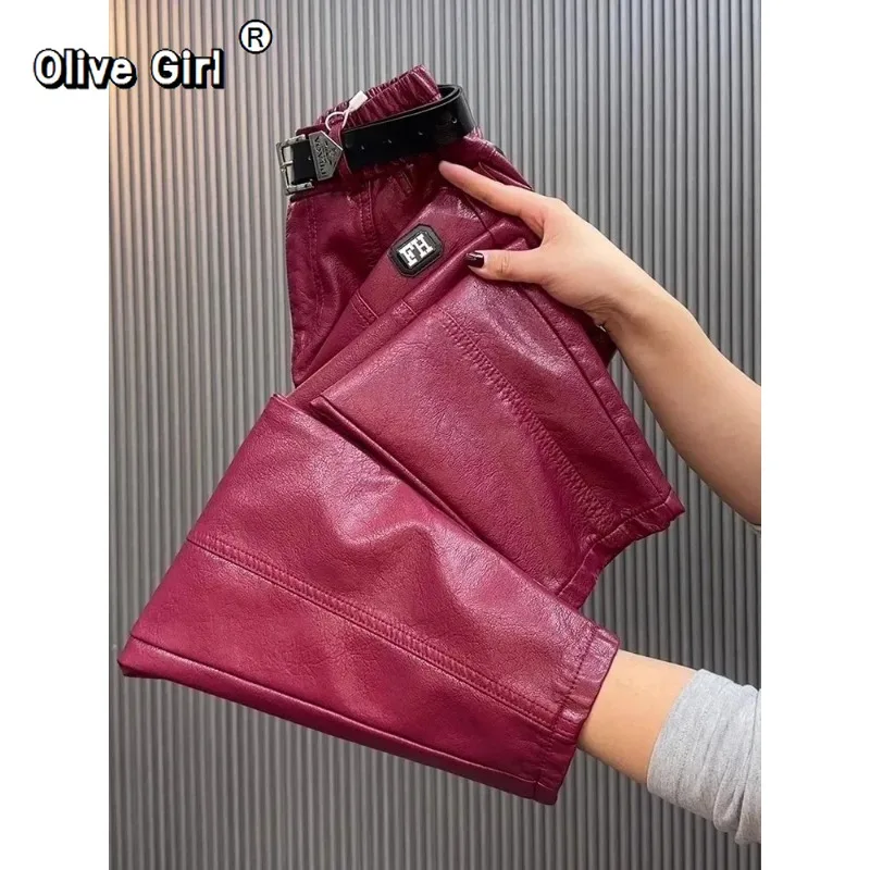 Olivegirl بنطلون نسائي مقاس كبير Y2k بنطال جلدي عالي الجودة PU غير رسمي مستقيم الساق بانت فضفاض نحيف عالي الخصر