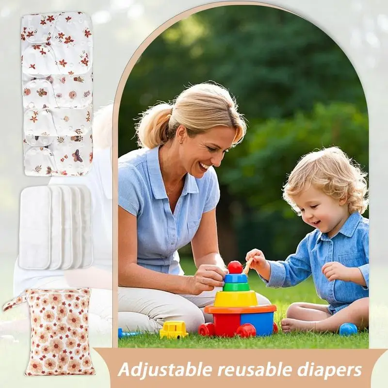 Reusable Cloth Diapers Reusable Adjustable Cloth Diapers 4X Absorbent & Breathable Liners Waterproof Cover With 4 Inserts & 1