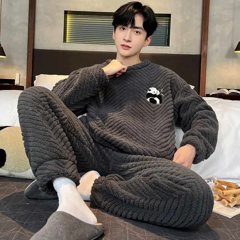 Men's  Pajamas Set 2 Piece Set Sleepwear Winter Thick Loose Pyjamas Cartoon Nightgown Soft Warm Man O Neck Sleepwear Homewear