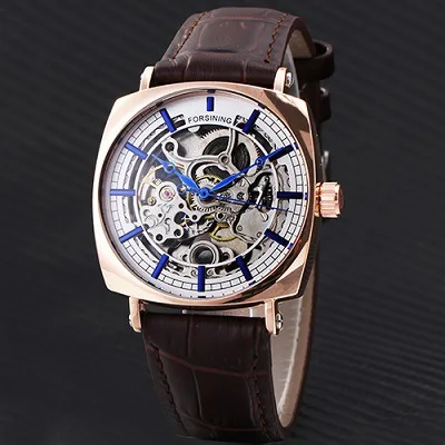 2024 Fashion Forsining Top Brand Genuine Leather Men\'s Automatic Mechanical Square Dial Casual Hollow Out Business Wrist Watches