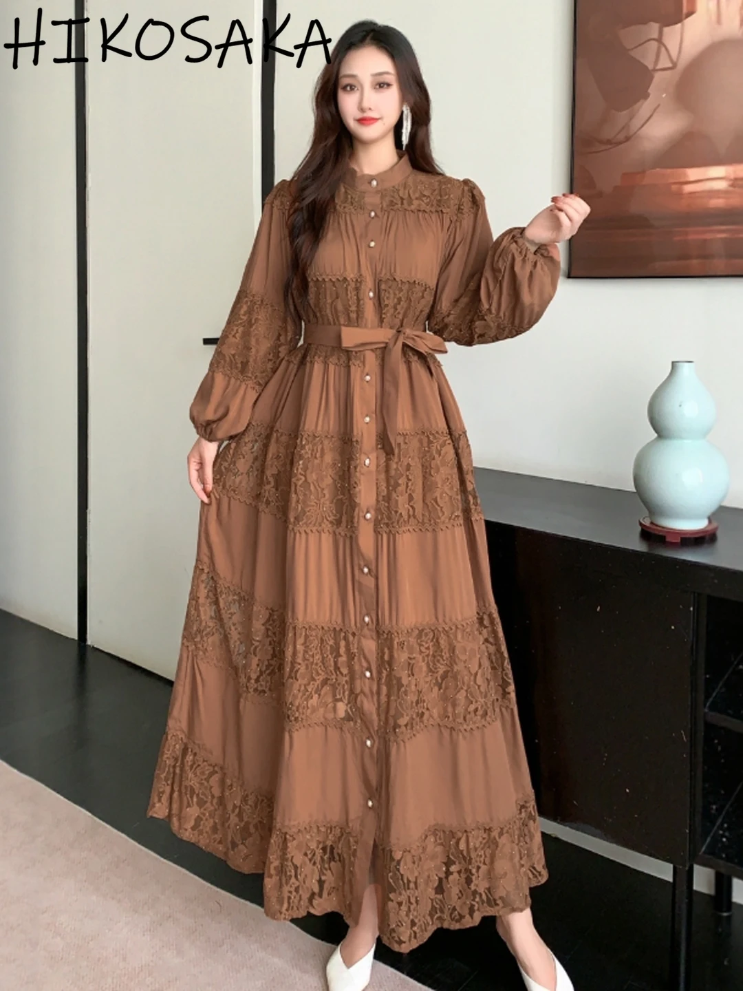 

French Style Vintage Casual Lace Patchwork Dress Belt Slim Waist Hollow Out Elegant Solid Robe Single Breasted Long Sleeve Ropa