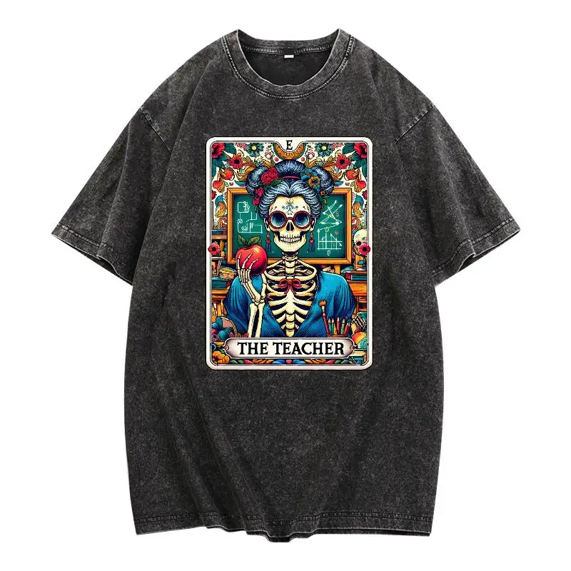 

Creative Teacher T-shirt Women Men | Funny Skeleton Graphic Tee | Retro Tarot Card Print Top | Vintage Grunge Short Sleeve Shirt