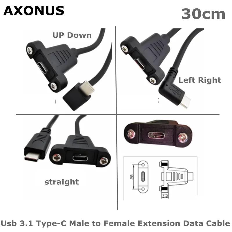 Usb 3.1 Type-C Male to Female Extension Data Cable 90 Degree Right Angle Extension Cable with Panel Screw Hole 480Mbps 0.3m