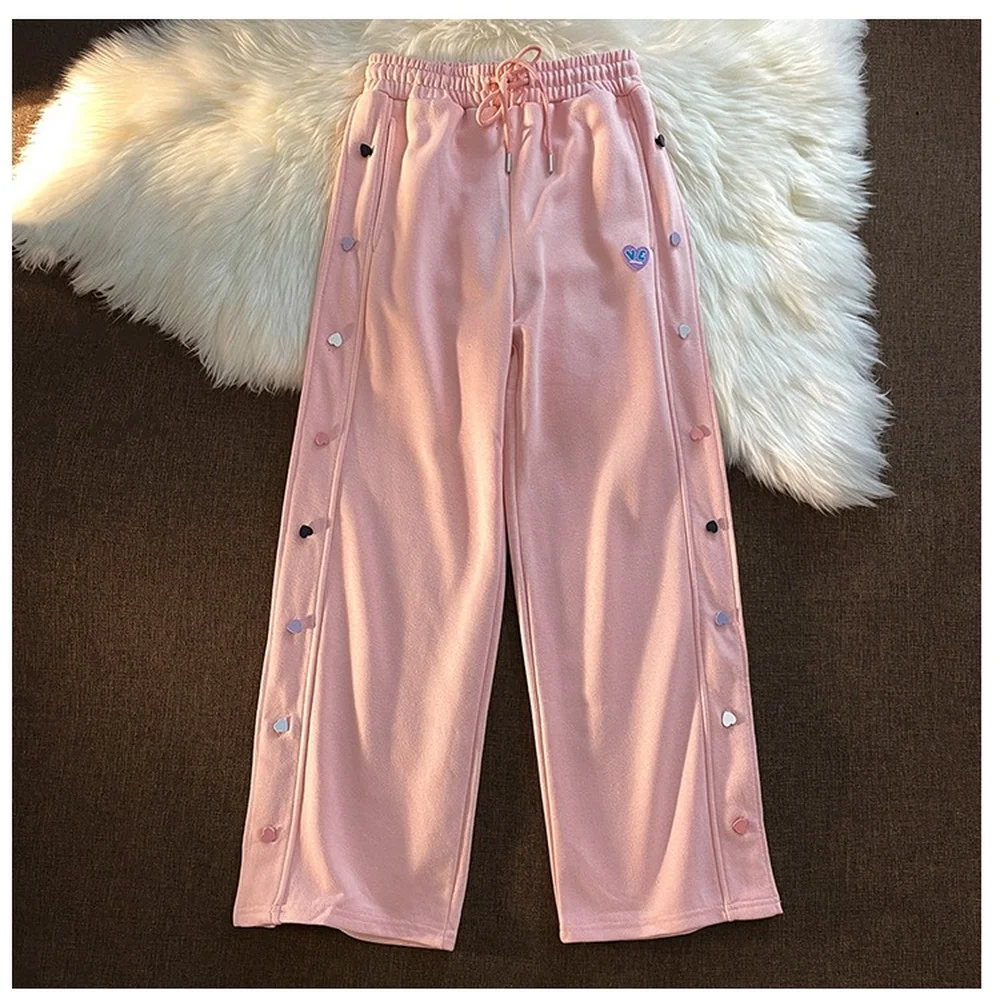 Y2k New Pants Girl Autumn Loose Korean Love Button Design Sense Casual Straight Pants Nine Points Sports Pants Streetwear Women