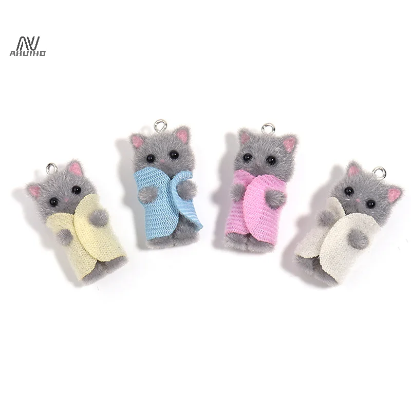 Kawaii 3D Flocking jimat kucing lucu kartun kucing ornamen anting-anting liontin Aksesori DIY kerajinan perhiasan membuat