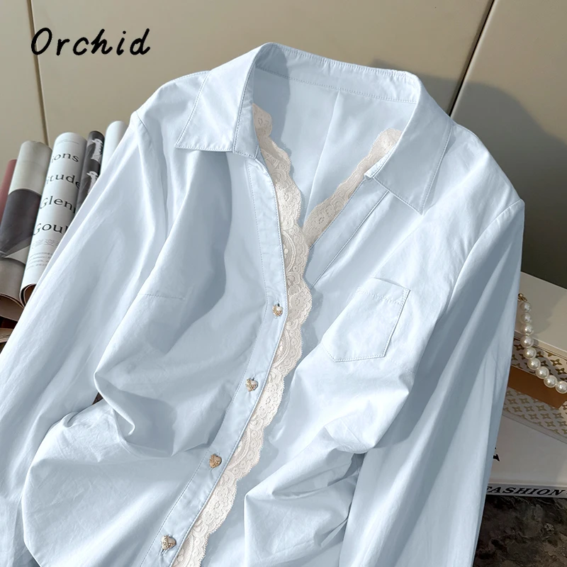 2025 夏の女性のカジュアルギャルファッションレースパッチワークシャツホットスウィートスタイルターンダウン襟長袖エレガントなブラウス