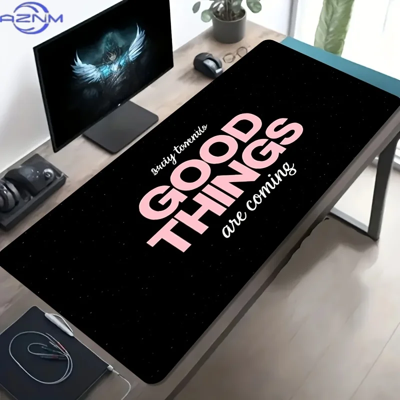 1pc Large Esports Gaming Mouse Pad, Black Background with Pink And White Inspirational Text And Illustrations, Non-Slip Rubber B