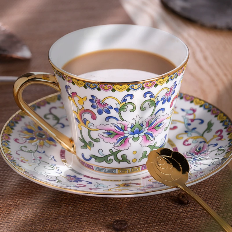 Chinese Palaces Culture Enamel Porcelain Tea Cup High Grade Bone China Coffee Cup Dish Gift Set Decorative Border Kitchen