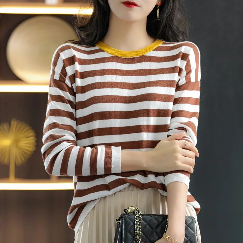 Classic Striped Spring Round Neck Pure Cotton Thin Long-Sleeved Women\'s Loose T-Shirt Contrast Color Knit Sweater Base SMY C16