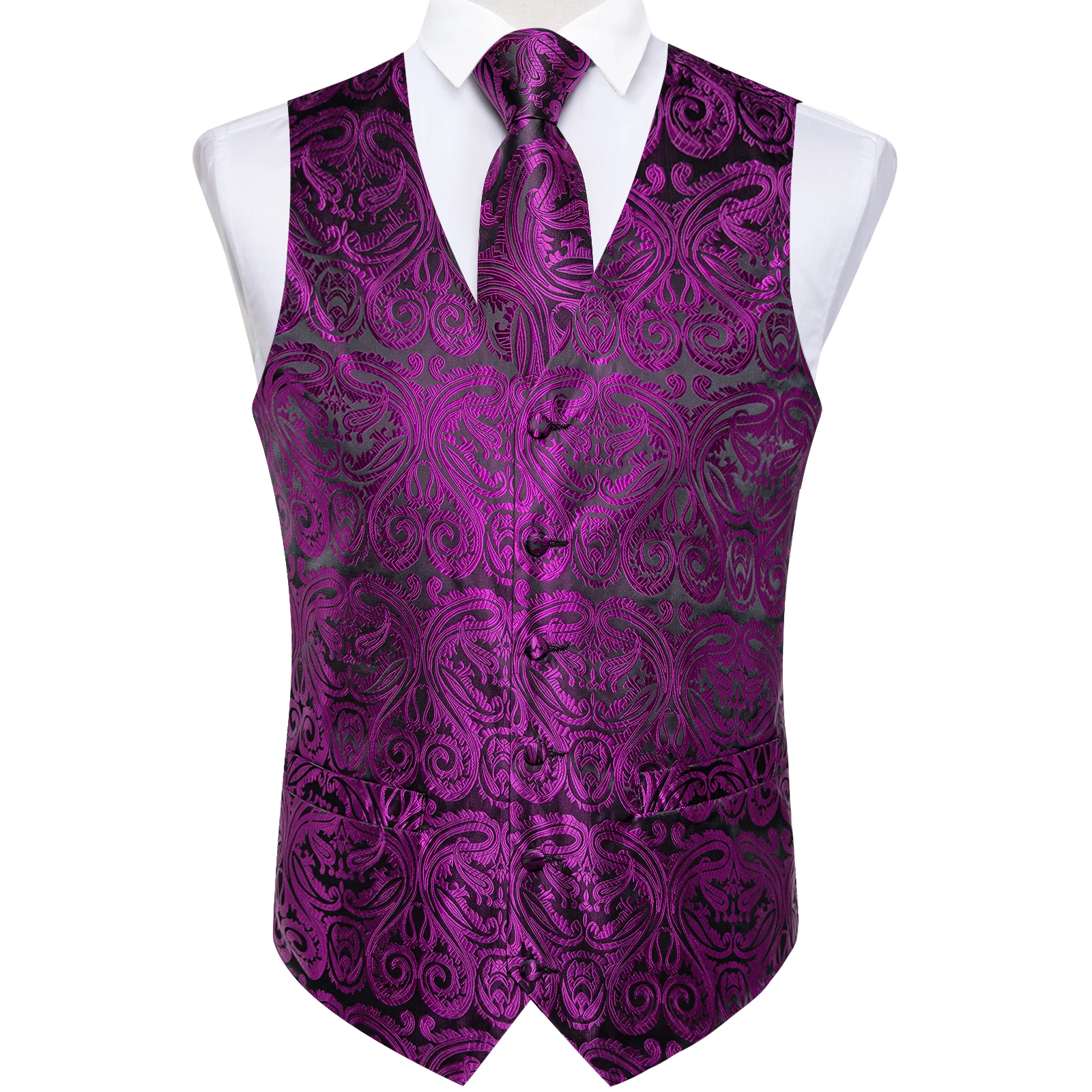 Causal Men's Purple Vest Paisley Necktie Pocket Square Cufflinks Fashion Sleeveless Waistcoat for Man Accessory Chaleco Hombre