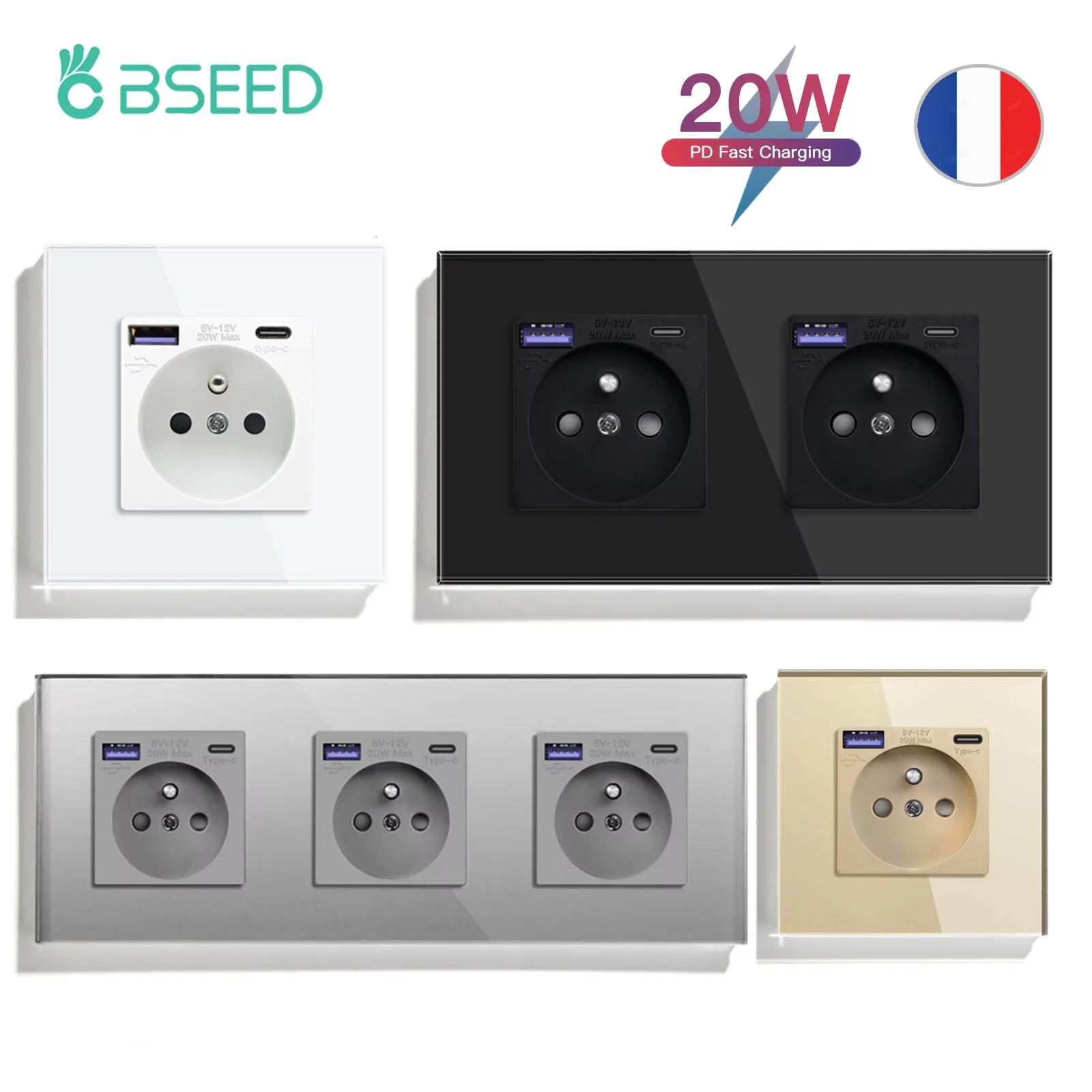 BSEED 20W PD Fast Charge Wall Socket Type-C Interface USB FR Standard Sockets Power Double Triple Power Outlets Wall Mounted