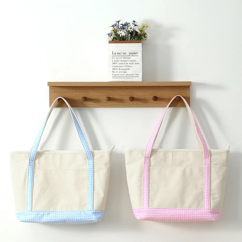

Gingham Canvas Tote Bag For Women Summer Beach Bag With Zipper Closure Roomy Interior Pink/Blue Large Capacity Shopping Bag