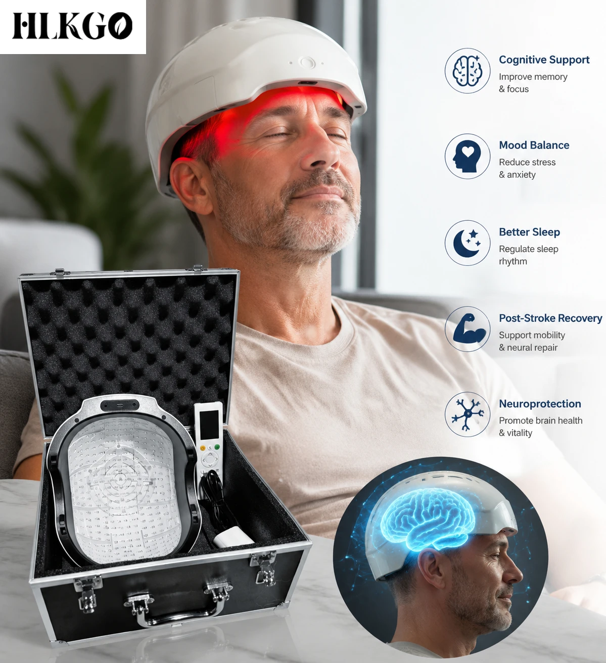 810nm&660nm&1050nm NIR Light Therapy Helmet 12 Zones tPBM Device Wireless Remote Type-C Powered for Stroke TBI Parkinson Support