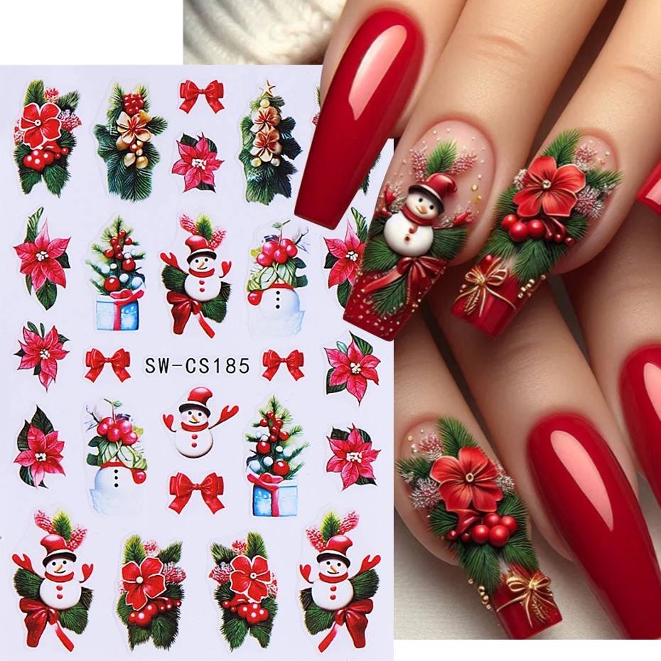 Christmas Nail Art Stickers 3D Cute Cartoon Snowman Decals ReindeerLamp Ball Sliders Winter Snowflake DIY Manicure Decorations