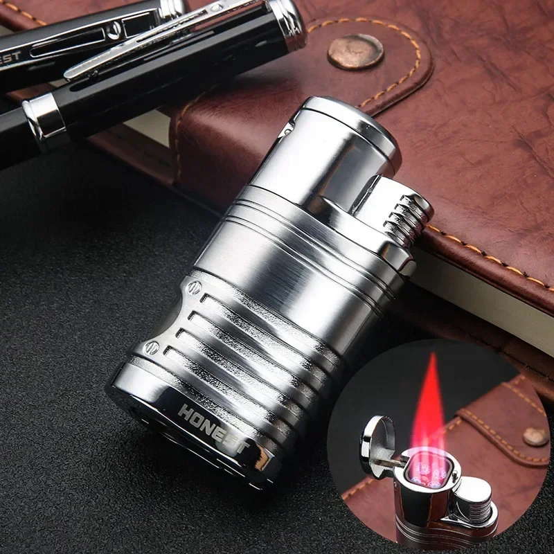 

HONEST-Powerful 4 Torch Cigar Lighter with Tool Windproof Butane Gas Visible Window Torch Jet Lighter Cigar Cutter Men's Gadgets