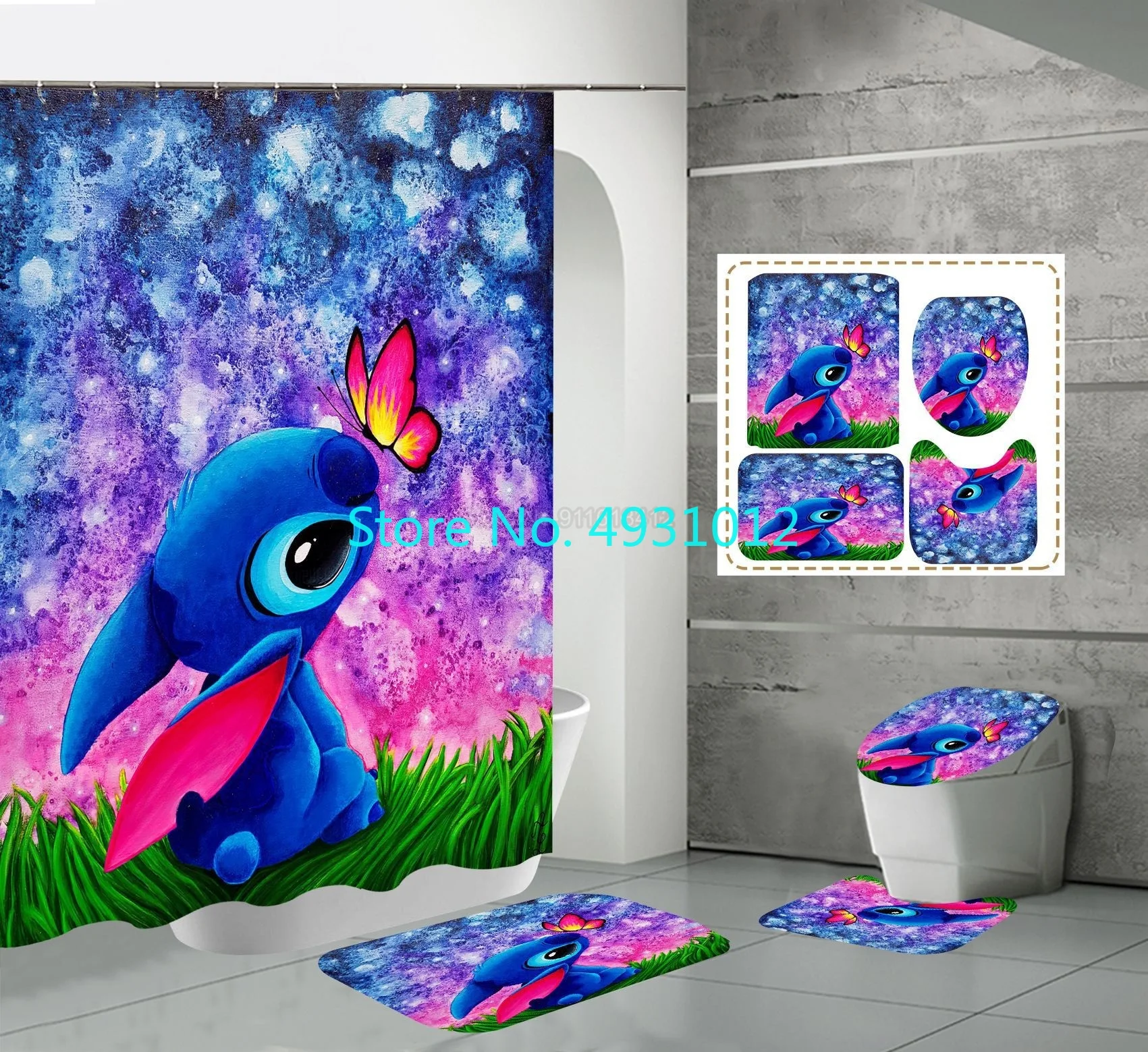 Lilo Stitch Set Waterproof Bathtub Cartoon Non-slip Mat Set Waterproof Funny Shower Curtain Pedestal Toilet Cover Bath Mat Rug