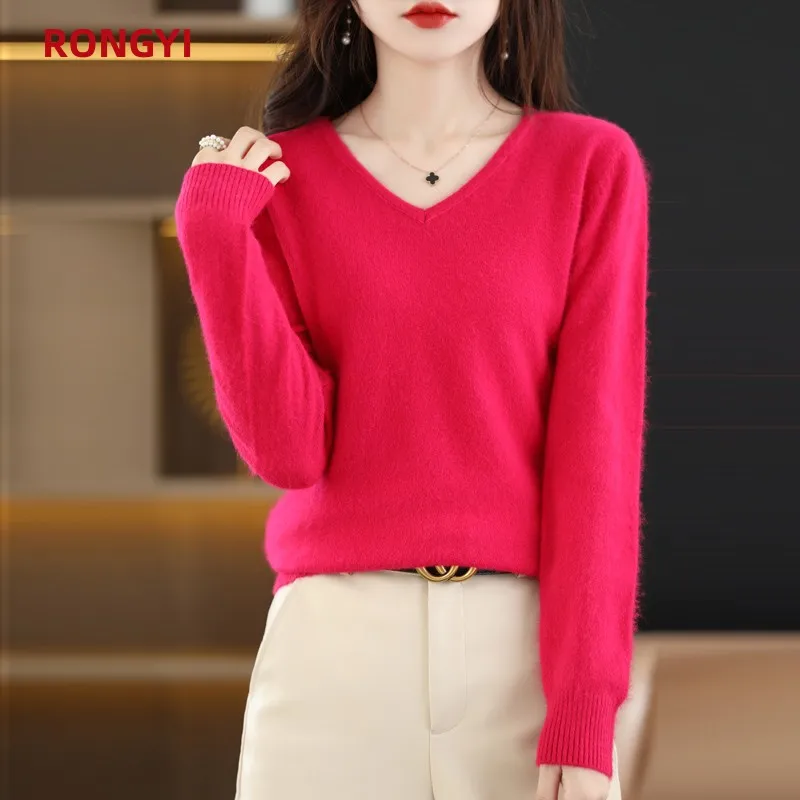 RONGYI 100% Mink Cashmere Women\'s V-neck Pullover Sweater Autumn and Winter Keep Warm Casual Knitting Basic Fashion Large Top