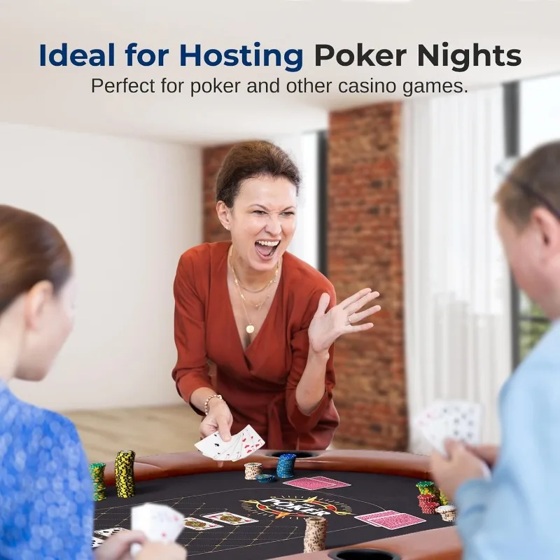 6ft Foldable Poker Game Table, 8 Player Casino Style Oval Card Table with Cushioned Rails, 8 Cup Holders, Metal Legs,