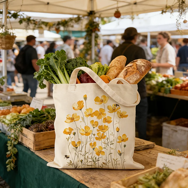 A Flower Pattern printed canvas tote bag, suitable for daily use, shopping, school, and travel