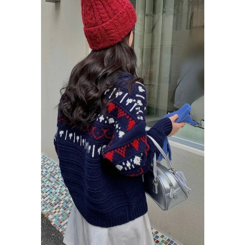 가을 겨울 패션 프린트 라펠 풀오버 스웨터 루즈 캐주얼 니트 탑 긴팔 자카드 오피스 이너웨어