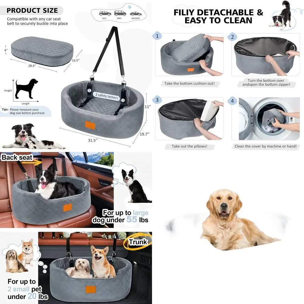 Elevated Pet Car Seat for Medium to Large Dogs up to 55 lbs, with Anti-Slip Base and Washable Bed (Gray)