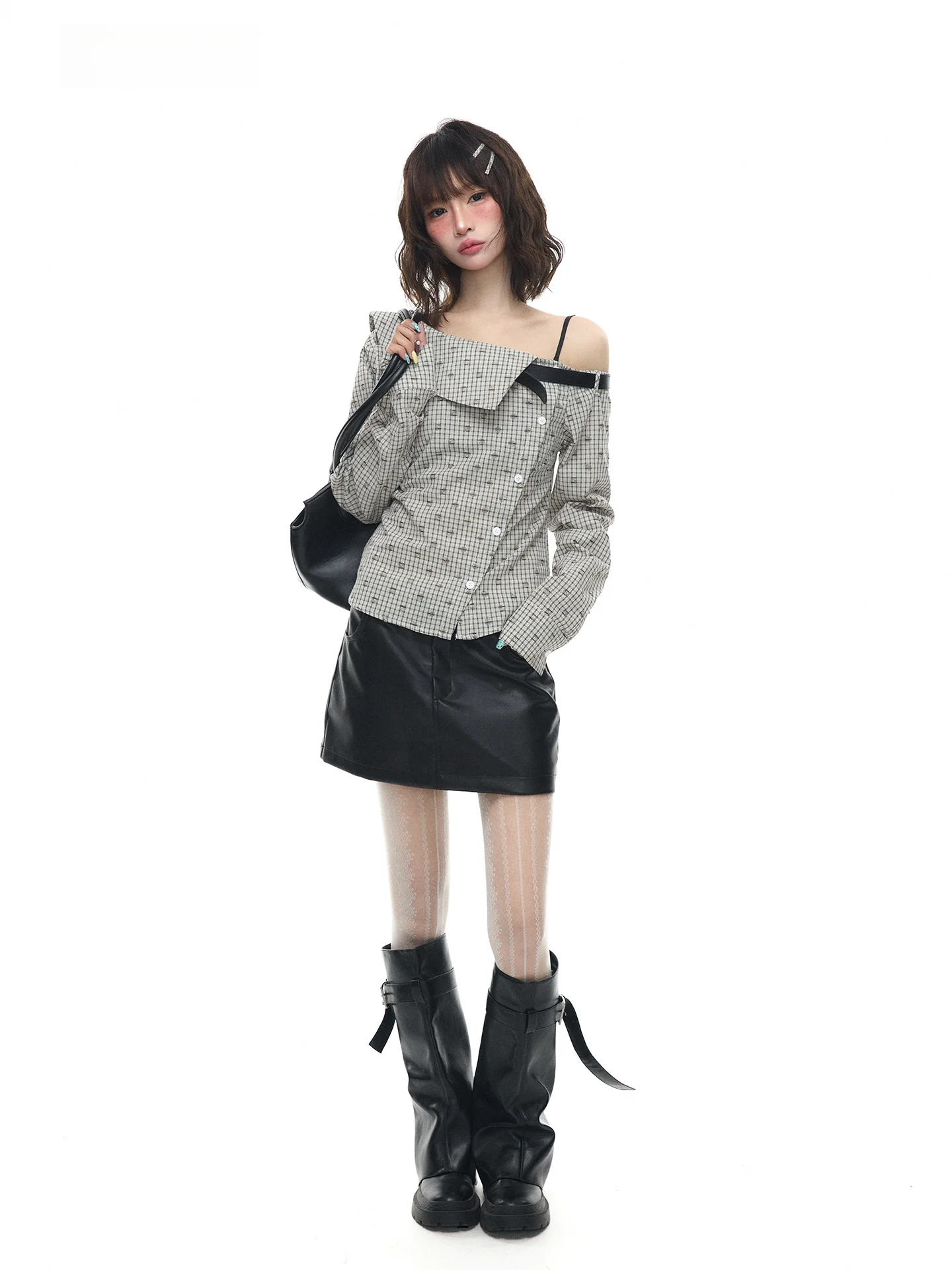 

Astrsk Retro Sweet Plaid Long Sve oulder Baring irt Women Slim Fit ort Design Spring Faion Ladies Premium irt