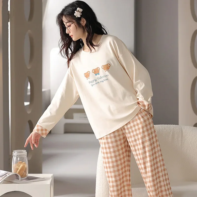 Women\'s Fall Winter Pajamas Women\'s Long-sleeved Pants Leisure Suit Women\'s Homewear Combed Cotton Cute Cartoon Homewear Suit Ms