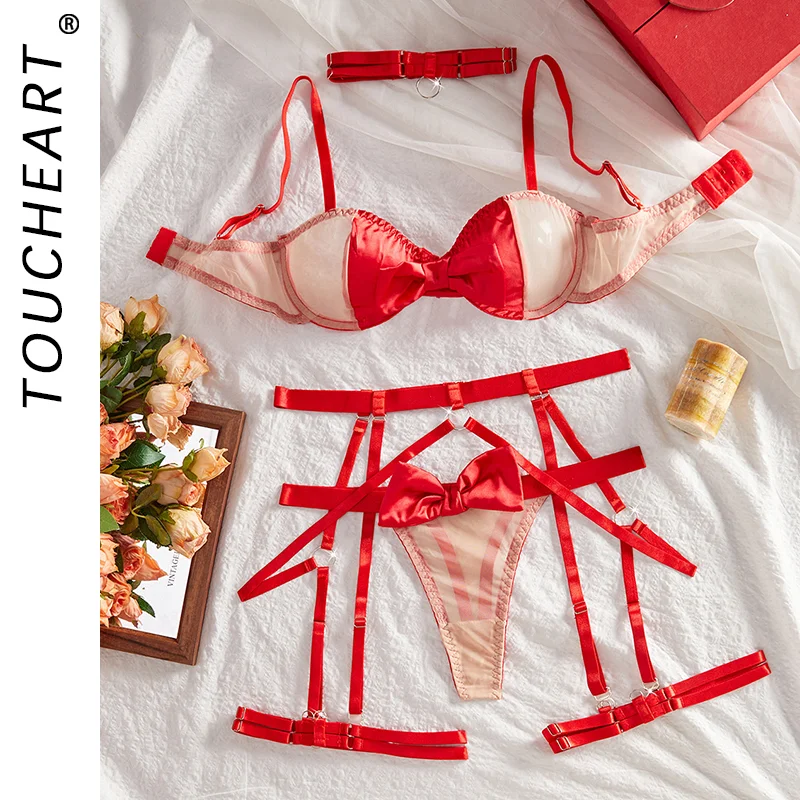 

Toucheart Valentine's Day Erotic Cute Lingerie Garters Patchwork Mesh Hollow Out Seductive Elegant Women Bow Knot Underwear Set