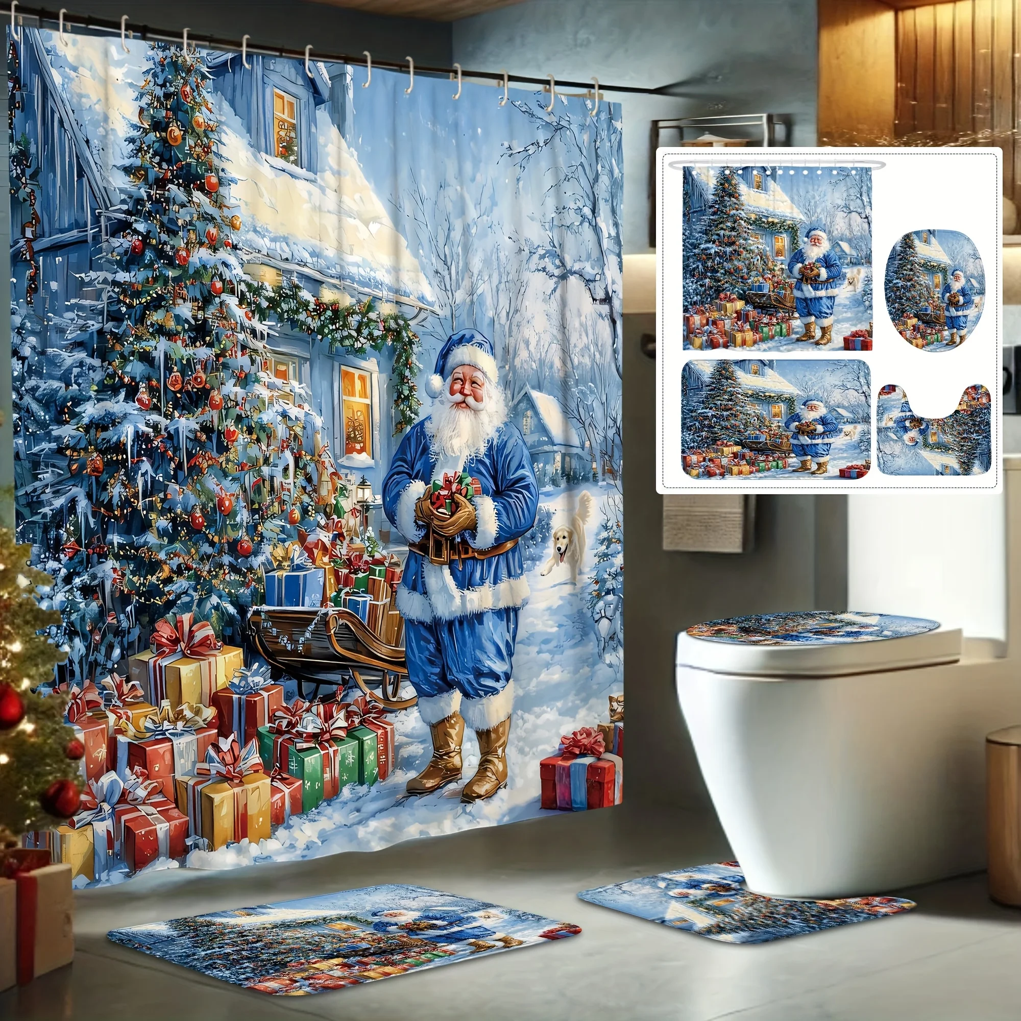 

Рождественский душевой набор из 4 предметов, домик для собак на дереве Санта-Клауса, зимняя сцена, зеленый, белый, синий, праздничный декор для ванны, 12 крючков, нескользящий коврик, U-образный чехол