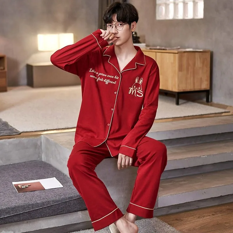 

Cotton Men's Pajamas Spring Autumn Simple Cardigan Nightgowns Long Sleeves Sleepwear Suit Thin Loose Teenagers Home Clothes Set