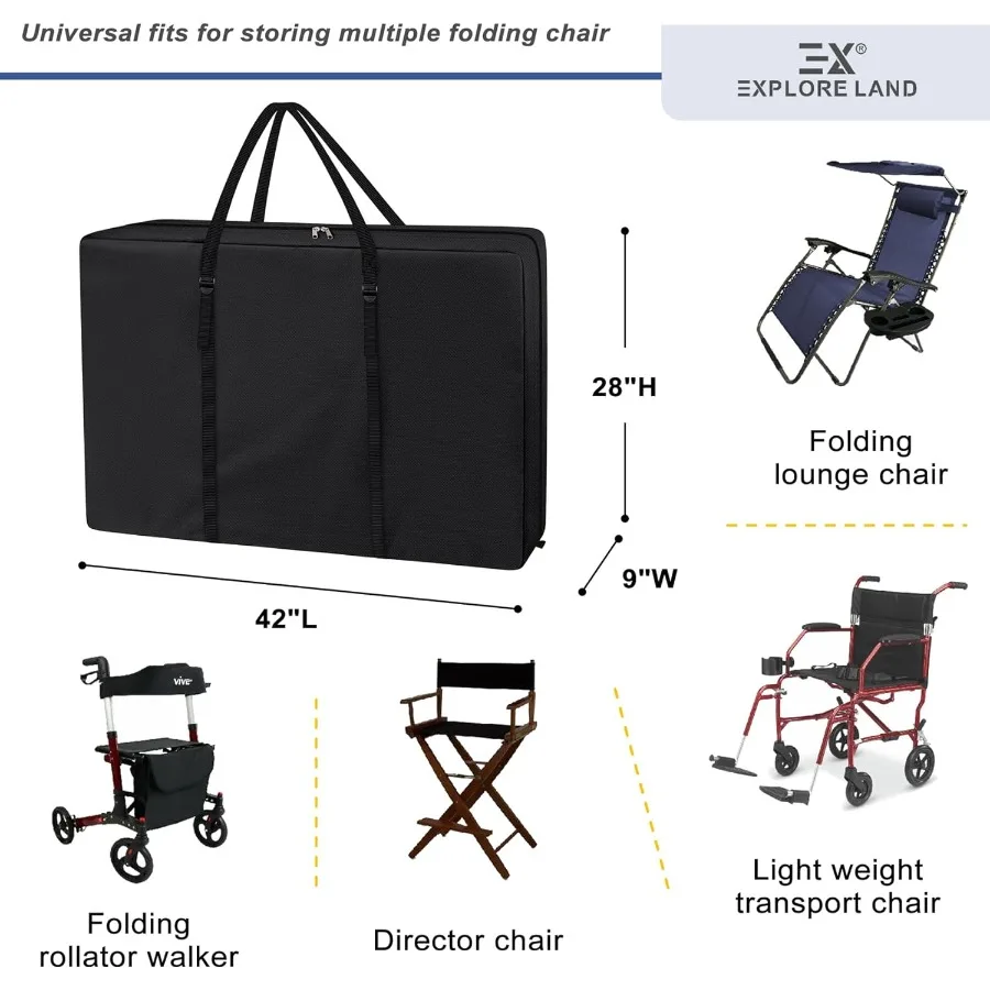 حقيبة تخزين للكرسي شديدة التحمل من Explore Land للطي الطويل بدون جاذبية وخفيفة الوزن ونقل قابل للطي ومشاية دوارة باللون الأسود