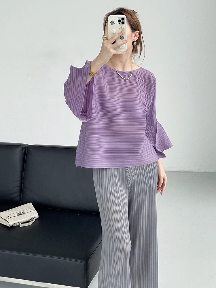 LANMREM Pleated T-shirt For Women O-neck Flare Sleeves Solid Color Casual Tops Versatile 2024 Summer New Clothing 2Z1253