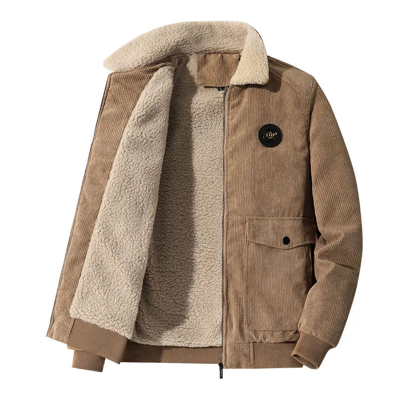 

Men's autumn and winter corduroy jacket with fleece thick lamb warm cotton coat fashionable men's lapel