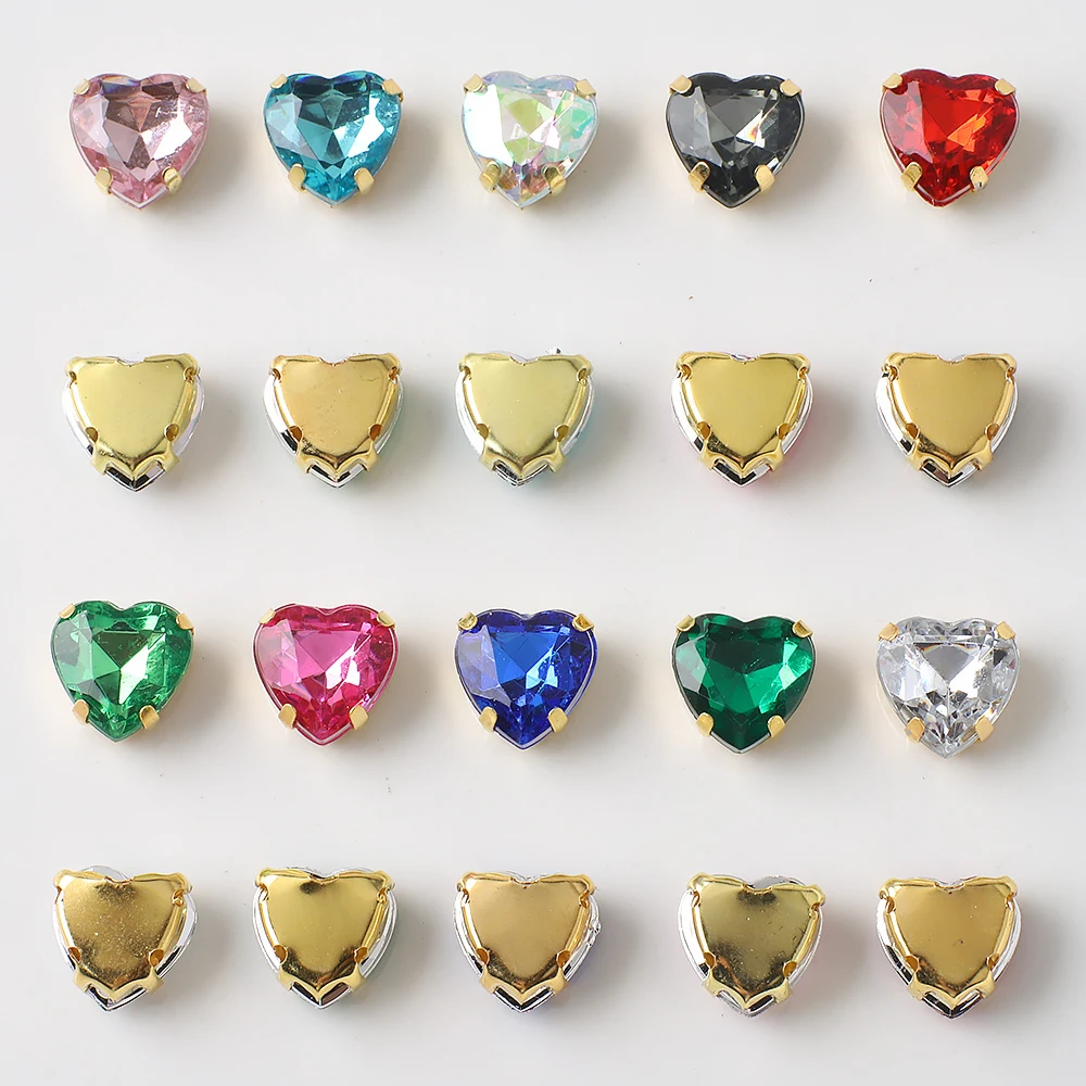 20Pcs 10mm Heart Shape Glass Claw Rhinestones Sew On Crystal Stone Metal Base Buckle For Clothes Strass Diamond Sewn Rhinestones