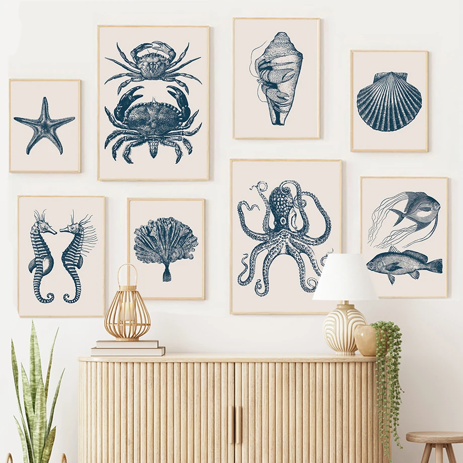 Seahorse Octopus Jellyfish Crab Vintage Marine Life Wall Art Print Canvas Painting Posters For Living