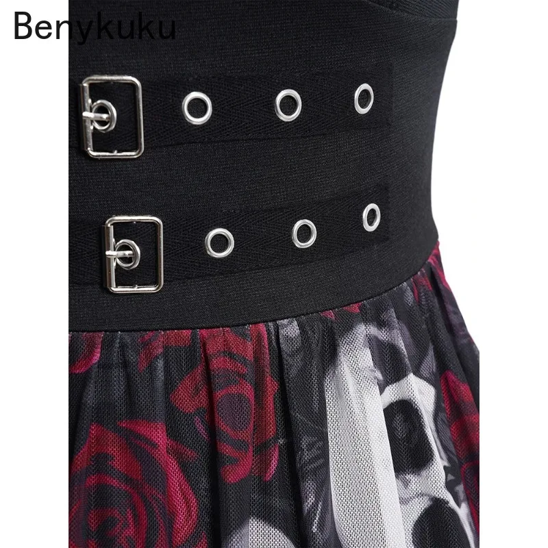 Skull Rose Print Grommet Buckle Tank Dress Summer Women Clothing Double V Neck Sleeveless Halloween Gothic Dresses 2024 Vestidos