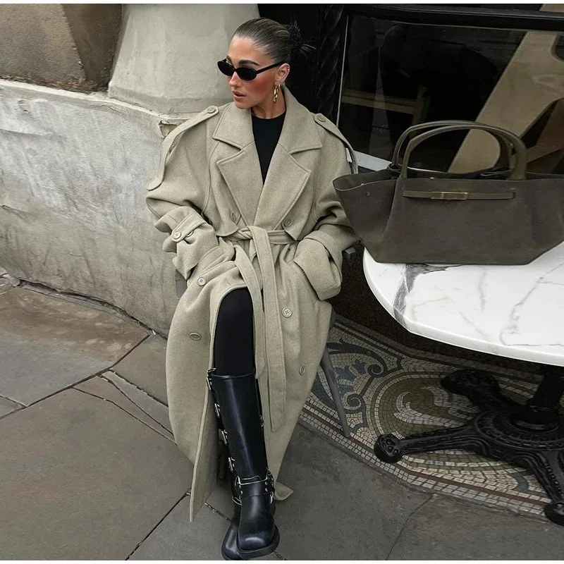 Women Oversized Scarf Collar Long Lapel Loose Maxi Length Solid Color Double Breasted Warm Winter Outerwear With Self‑Tie Belt