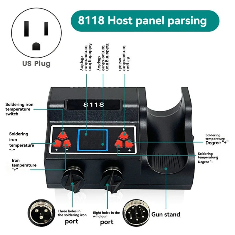 

A15F 8118-SMD-Rework-Soldering-Station-2-In-1-Hot-Air-&-Soldering-Iron-For-BGA-PCB-IC-Repair,-Advanced-Welding-Tool-US-Plug
