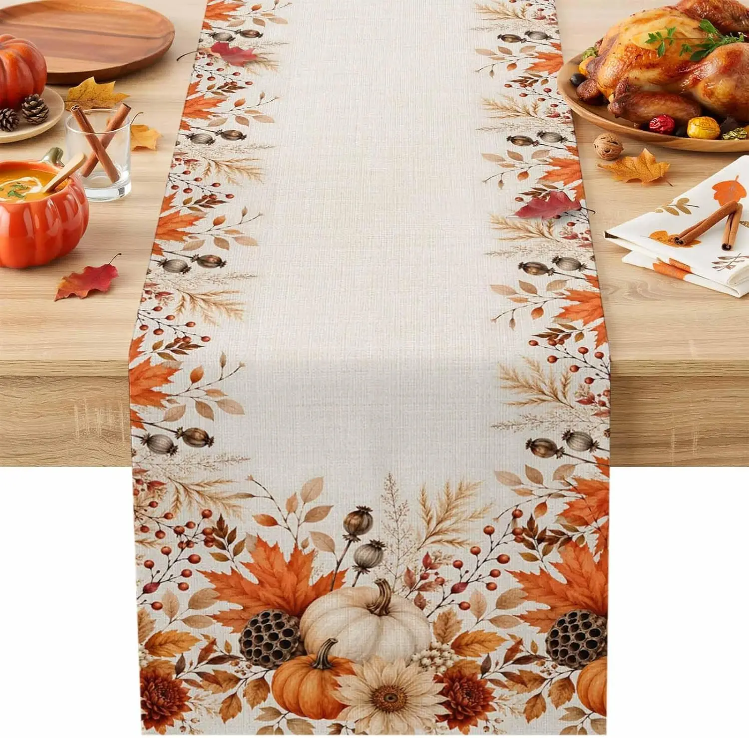 Fall Harvest Pumpkin Maple Leaf Linen Table Runner Holiday Party Decor Reusable Kitchen Dining Table Runner Autumn Decorations