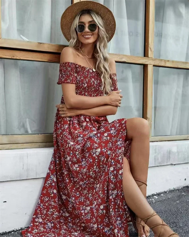 

Fashionable Comfortable Bohemian One-Shoulder Floral Long Dress Casual Women's Dress New Arrival Elegant Gown
