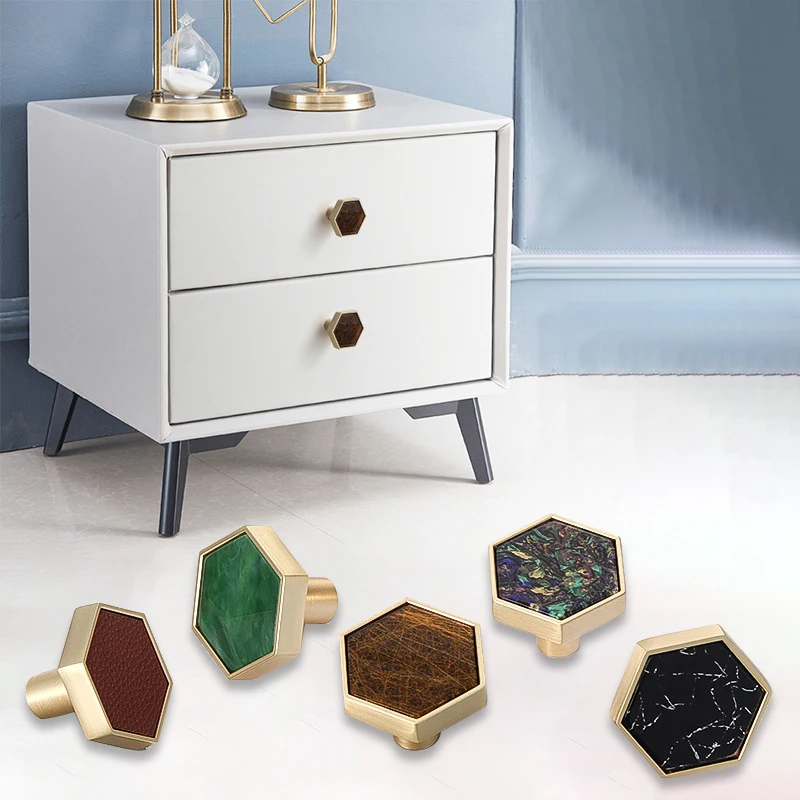 Hexagon Furniture Handles Marble Shell Stone Single Hole Handle Hook Cabinet Door Wardrobe Drawer Knob Kitchen Cupboard Pulls