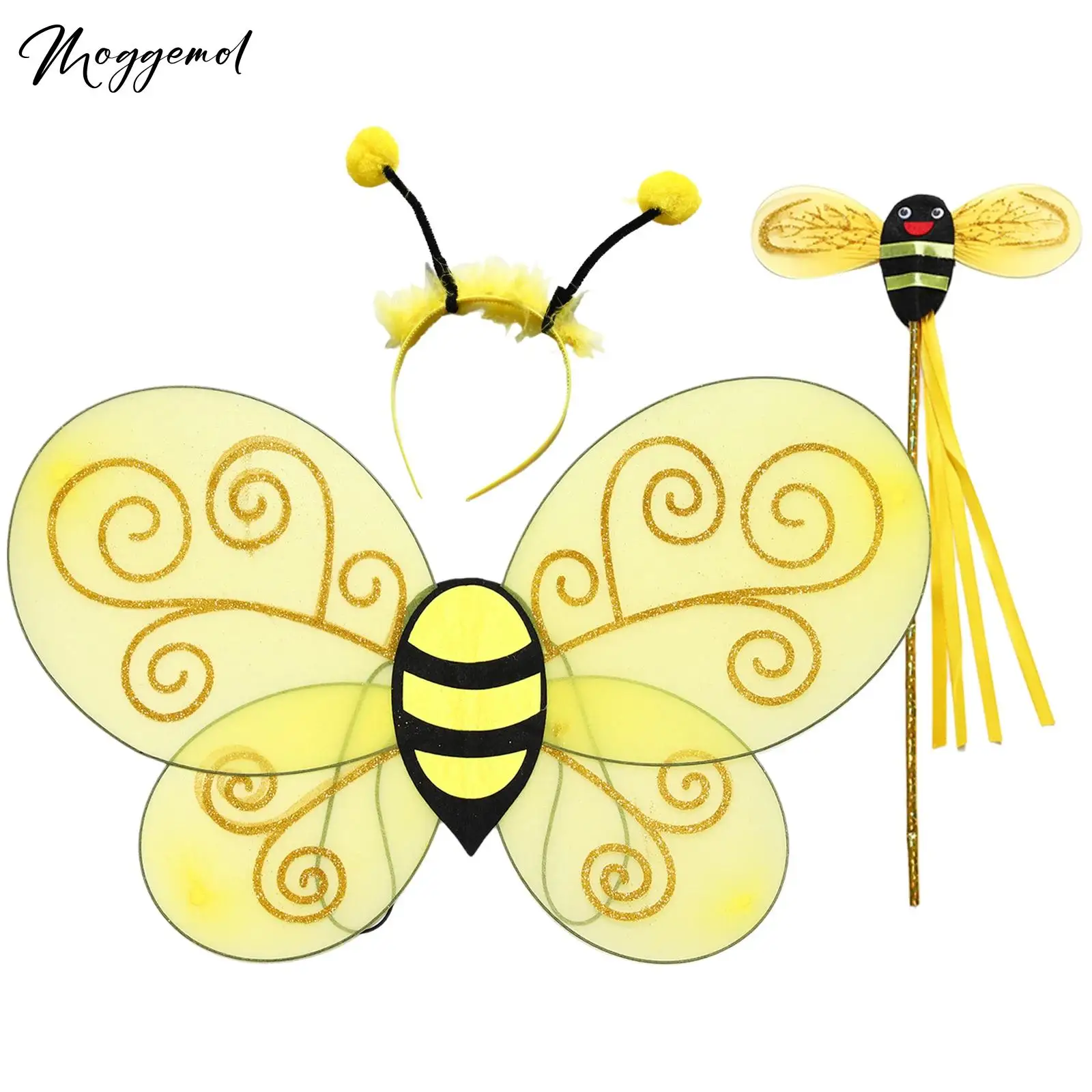 

1Pc Adults Bumblebeese Costume Elastic Strap Bee Wings with Headband Headwear And Fairy Stick Costume Props Festival Carnivals