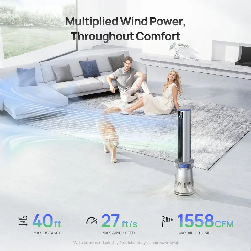 Ventilateur Tour Intelligent 2 en 1 de 45 Pouces pour Chambre à Coucher, Vitesse de 27 Pieds/s, Oscillation de 120 °, Minuterie 24H, Sans Lame, pour Gérfor Home