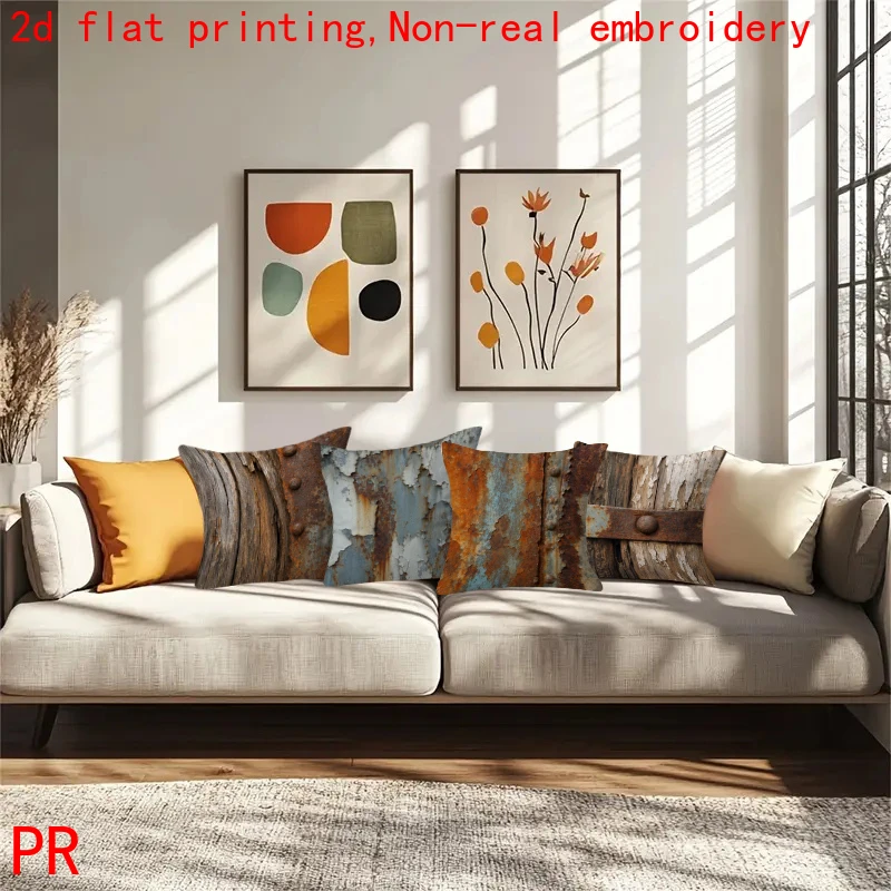 4pc Rustic Wood & Rusted Metal Texture Throw Pillow Covers Vintage Industrial Farmhouse Decorative Cushion Cases for Sofa Couch