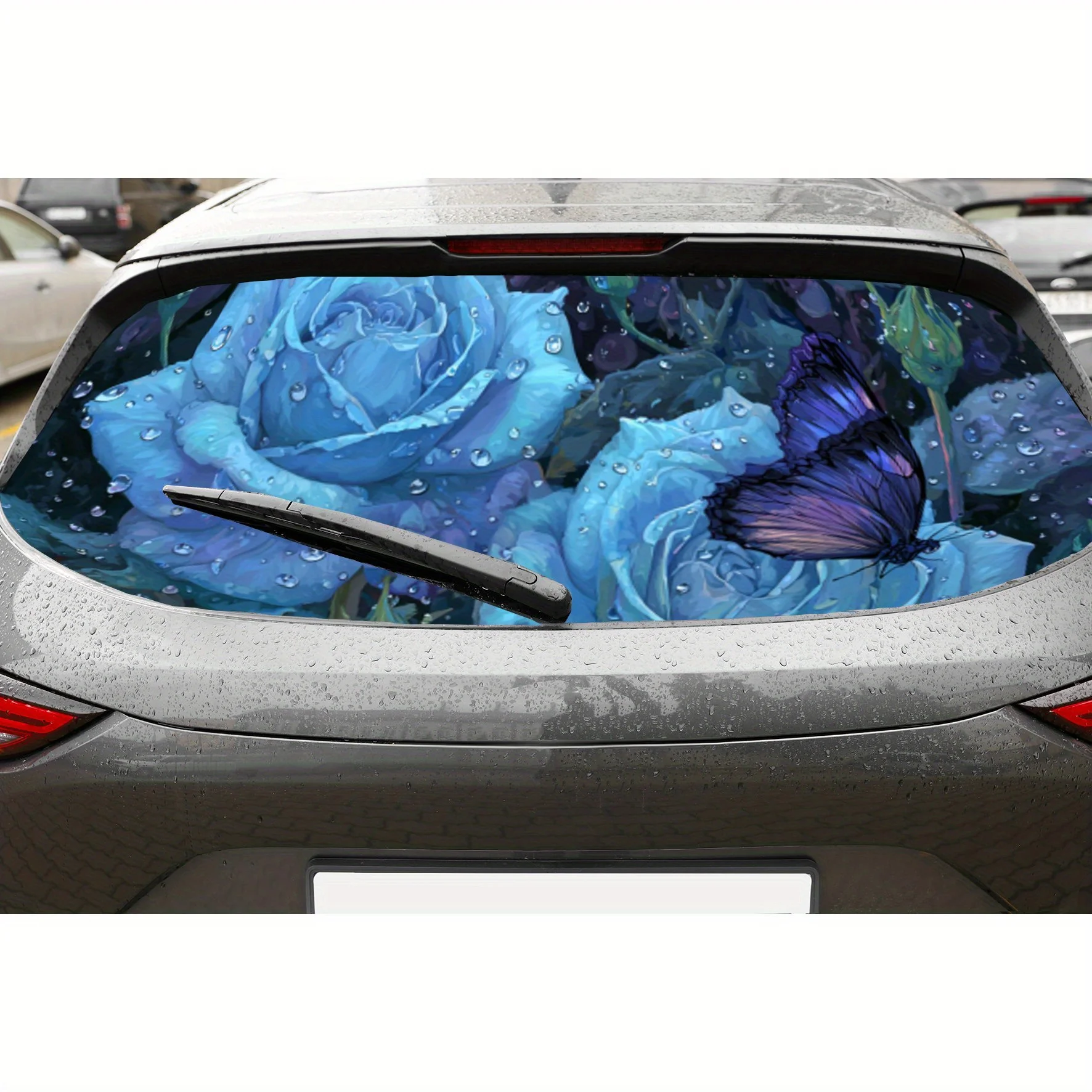 

The butterfly stops at the blooming blue rose PVC Perforated Car Vinyl Wraps, Durable Car Rear Windshield Sticker, Waterproof Ca