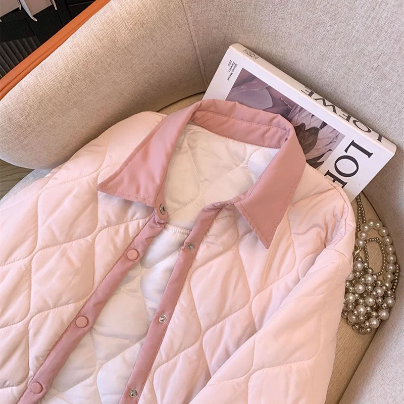 Sweet Pink Women Quilted Jacket Diamond Padded Snap Button Coat Contrast Trim Loose Winter Warm Outerwear Top
